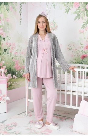 Pudra Renkli Dantel Detaylı, Erdeniz 3442 Desenli Jakarlı Sabahlıklı 3lü Lohusa Hamile Pijama Takımı