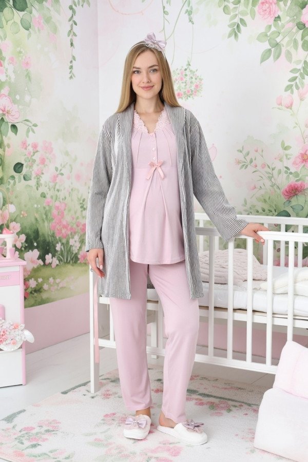 Erdeniz 3442 Jakarlı Sabahlıklı 3lü Lohusa Hamile Pijama Takımı | QuillingSeti.com