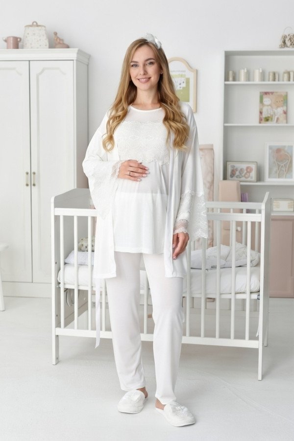 Erdeniz 3444 Ekru Renkli Dantelli 3lü Lohusa Pijama Takımı - QuillingSeti.com