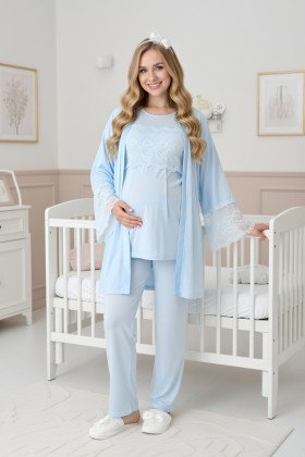 Mavi Renkli Dantel Detaylı Erdeniz 3444 Sabahlıklı 3'lü Lohusa Pijama Takımı