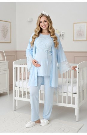 Mavi Renkli Dantel Detaylı Erdeniz 3444 Sabahlıklı 3'lü Lohusa Pijama Takımı