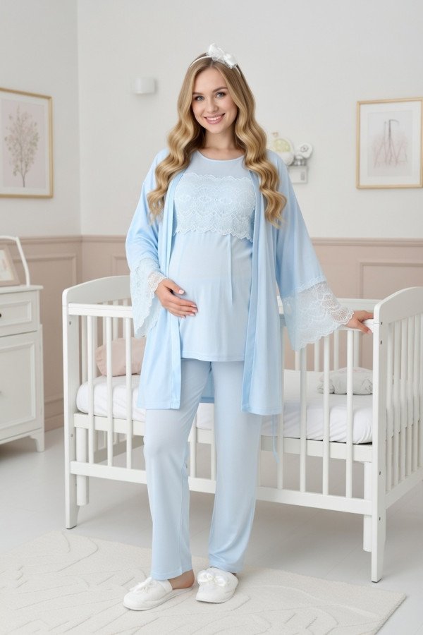 Erdeniz 3444 Mavi Renkli Dantelli 3lü Lohusa Pijama Takımı - QuillingSeti.com