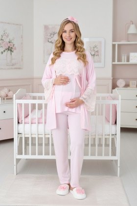 Pembe Renkli Dantel Detaylı Erdeniz 3444 Sabahlıklı 3'lü Lohusa Pijama Takımı