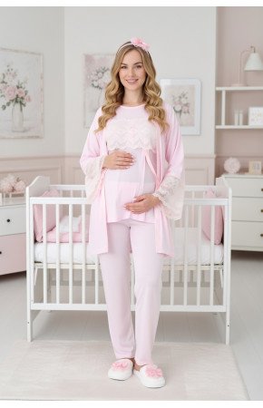 Pembe Renkli Dantel Detaylı Erdeniz 3444 Sabahlıklı 3'lü Lohusa Pijama Takımı