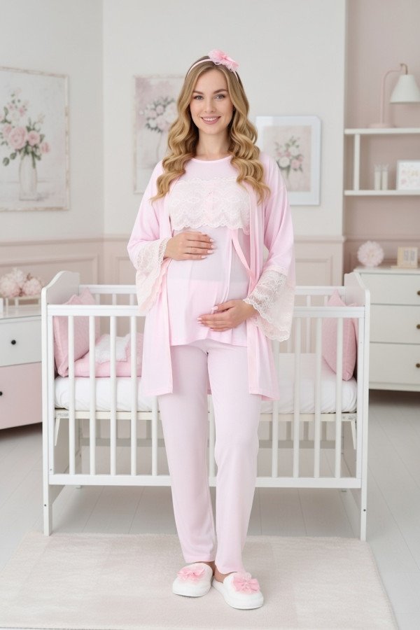 Erdeniz 3444 Pembe Renkli Dantelli 3lü Lohusa Pijama Takımı - QuillingSeti.com
