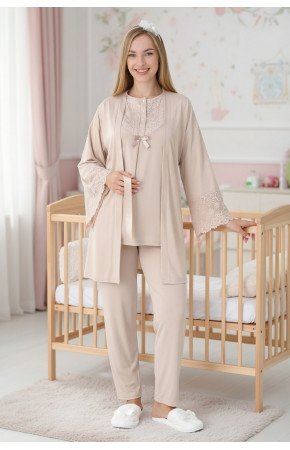 Pudra Renkli Dantel Detaylı Erdeniz 3444 Sabahlıklı 3'lü Lohusa Pijama Takımı