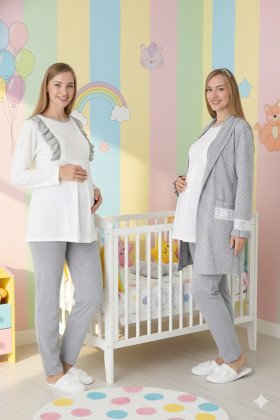 Gri Renkli Derin Patlı, Dantel Detaylı, Erdeniz 3451 Puantiye Desenli Sabahlıklı 3lü Lohusa Hamile Pijama Takımı