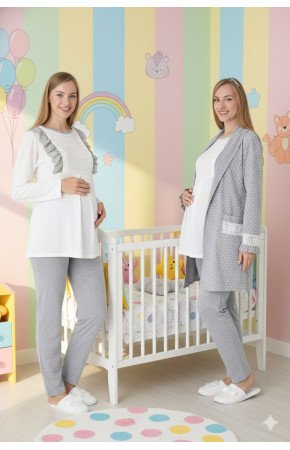 Gri Renkli Derin Patlı, Dantel Detaylı, Erdeniz 3451 Puantiye Desenli Sabahlıklı 3lü Lohusa Hamile Pijama Takımı