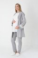 Gri Renkli Derin Patlı, Uzun Kollu Erdeniz 3451 Sabahlıklı 3lü Lohusa Hamile Pijama Takımı | QuillingSeti.com