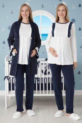 Lacivert Renkli Derin Patlı, Dantel Detaylı, Erdeniz 3451 Puantiye Desenli Sabahlıklı 3lü Lohusa Hamile Pijama Takımı