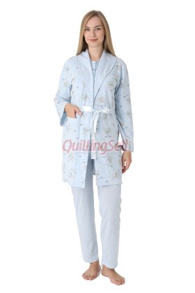 Mavi Renkli Derin Patlı, Dantel Detaylı, Erdeniz 3452 Çiçek Desenli Sabahlıklı 3lü Lohusa Hamile Pijama Takımı