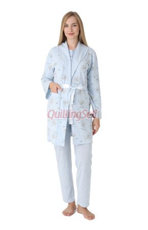 Mavi Renkli Derin Patlı, Dantel Detaylı, Erdeniz 3452 Çiçek Desenli Sabahlıklı 3lü Lohusa Hamile Pijama Takımı