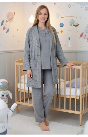 Antrasit Renkli Derin Patlı, Dantel Detaylı, Erdeniz 3452 Çiçek Desenli Sabahlıklı 3lü Lohusa Hamile Pijama Takımı