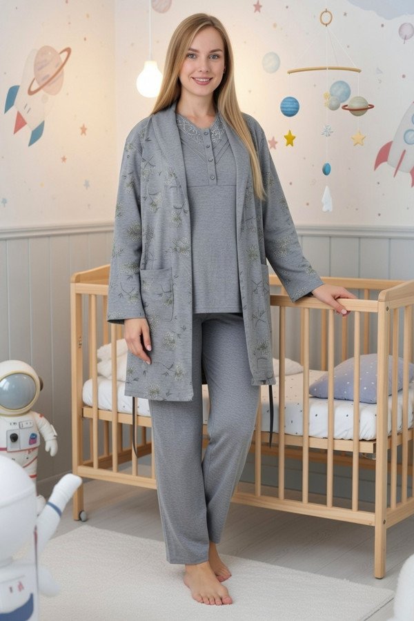 Antrasit Renkli Derin Patlı, Erdeniz 3452 Sabahlıklı 3lü Lohusa Hamile Pijama Takımı | QuillingSeti.com