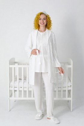 Ekru Renkli Dantel Detaylı, Erdeniz 3454 Kapitone Sabahlıklı 3lü Lohusa Hamile Pijama Takımı