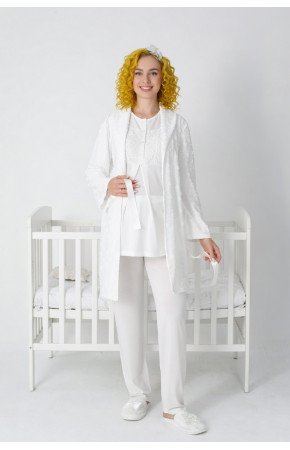 Ekru Renkli Dantel Detaylı, Erdeniz 3454 Kapitone Sabahlıklı 3lü Lohusa Hamile Pijama Takımı