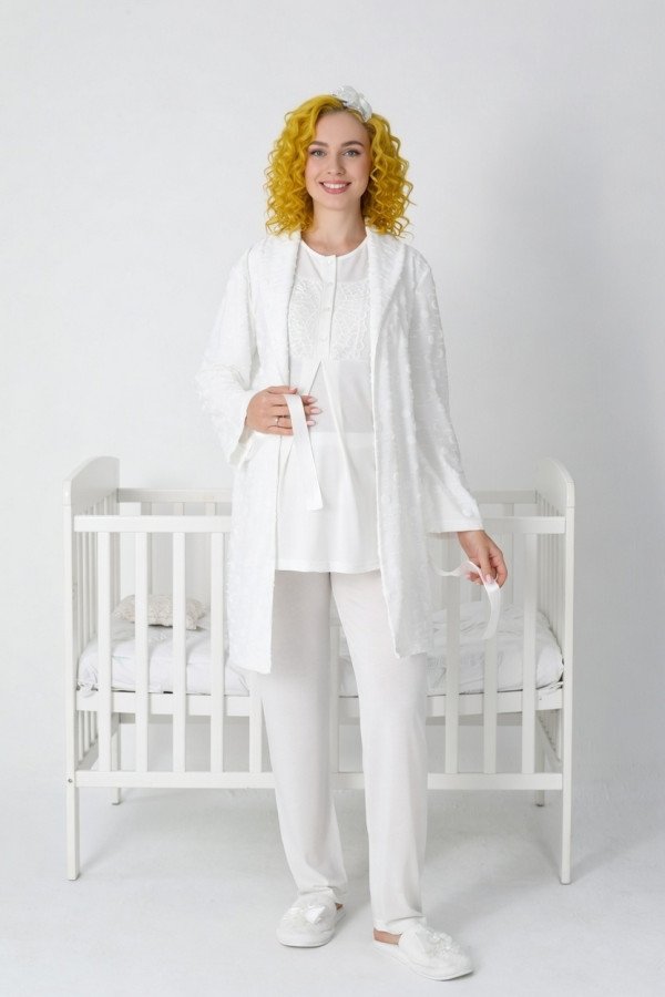 Ekru dantelli viskon lohusa pijama ve kapitone sabahlık takımı