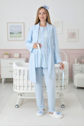 Mavi Renkli Dantel Detaylı, Erdeniz 3454 Kapitone Sabahlıklı 3lü Lohusa Hamile Pijama Takımı