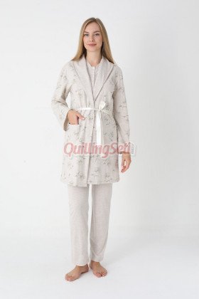 Bej Renkli Derin Patlı, Dantel Detaylı, Erdeniz 3452 Çiçek Desenli Sabahlıklı 3lü Lohusa Hamile Pijama Takımı