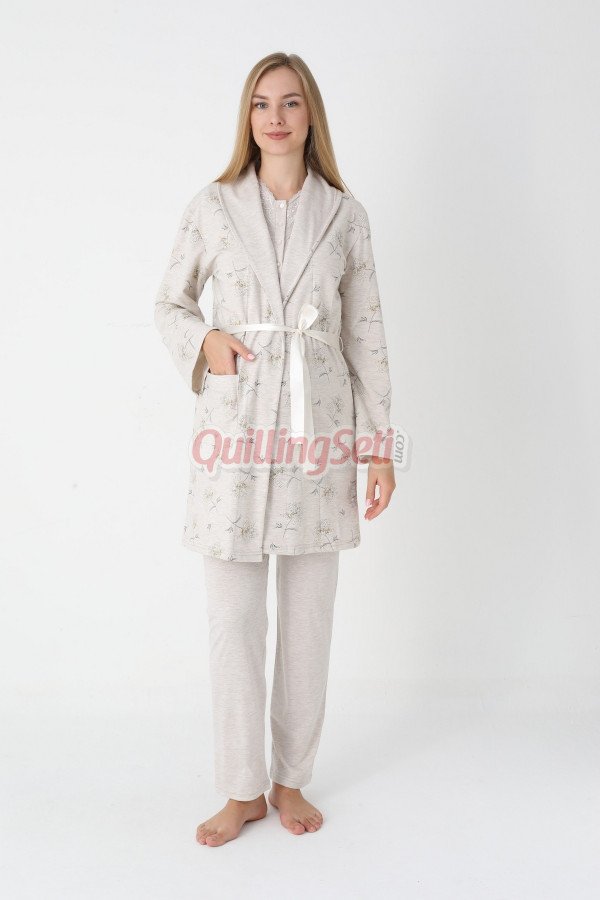 Bej Renkli Derin Patlı, Erdeniz 3452 Sabahlıklı 3lü Lohusa Hamile Pijama Takımı | QuillingSeti.com