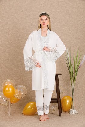 Ekru Renkli Derin Patlı, 33002 Sabahlıklı 3lü Lohusa Hamile Pijama Takımı