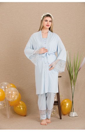 Mavi Renkli Derin Patlı, 33002 Sabahlıklı 3lü Lohusa Hamile Pijama Takımı