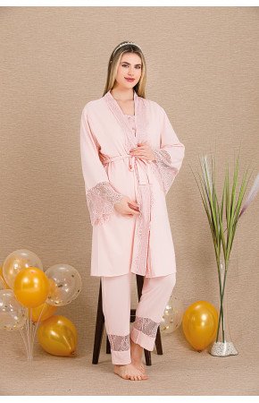 Pembe Renkli Derin Patlı, 33002 Sabahlıklı 3lü Lohusa Hamile Pijama Takımı