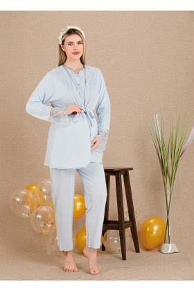 Mavi Renkli Derin Patlı,  33003 Sabahlıklı 3lü Lohusa Hamile Pijama Takımı