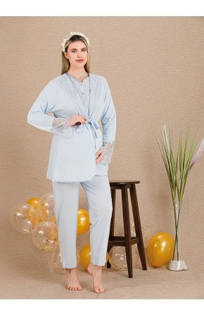 Mavi Renkli Derin Patlı,  33003 Sabahlıklı 3lü Lohusa Hamile Pijama Takımı