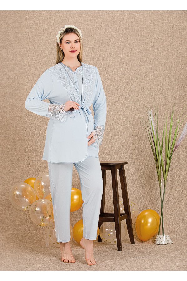 Mavi Renkli Derin Patlı,  33003 Sabahlıklı 3lü Lohusa Hamile Pijama Takımı | Lohusa-Sepeti.com