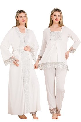 Ekru Renkli Derin Patlı, Dantel Detaylı,  33004 Sabahlıklı 3lü Lohusa Hamile Pijama Takımı
