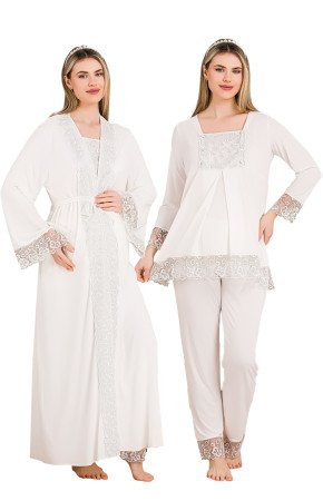 Ekru Renkli Derin Patlı, Dantel Detaylı,  33004 Sabahlıklı 3lü Lohusa Hamile Pijama Takımı