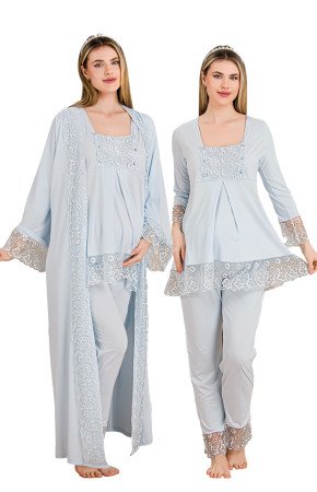 Bebe Mavi Renkli Derin Patlı, Dantel Detaylı,  33004 Sabahlıklı 3lü Lohusa Hamile Pijama Takımı