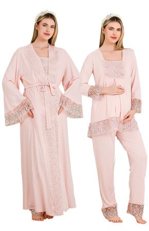 Bebe Pembe Renkli Derin Patlı, Dantel Detaylı,  33004 Sabahlıklı 3lü Lohusa Hamile Pijama Takımı