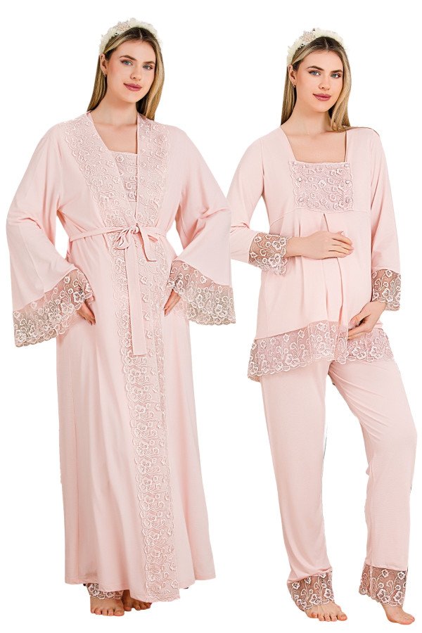 bebe pembe renkli derin patlı, dantel detaylı,  33004 sabahlıklı 3lü lohusa hamile pijama takımı, 8509990039837, lohusa pijama takımları, Lady