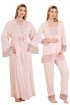 Bebe Pembe Renkli Derin Patlı, Dantel Detaylı,  33004 Sabahlıklı 3lü Lohusa Hamile Pijama Takımı