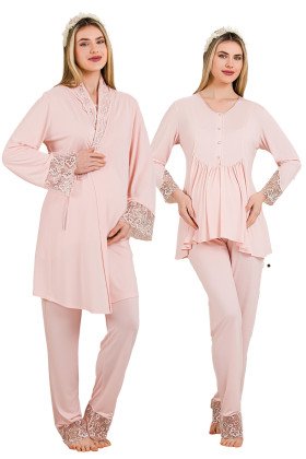 Bebe Pembe Renkli Derin Patlı, Dantel Detaylı,  33005 Sabahlıklı 3lü Lohusa Hamile Pijama Takımı