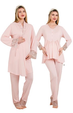 Bebe Pembe Renkli Derin Patlı, Dantel Detaylı,  33005 Sabahlıklı 3lü Lohusa Hamile Pijama Takımı