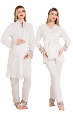 Ekru Renkli Derin Patlı, Dantel Detaylı,  33005 Sabahlıklı 3lü Lohusa Hamile Pijama Takımı