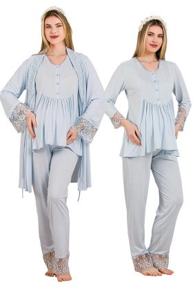 Bebe Mavi Renkli Derin Patlı, Dantel Detaylı,  33005 Sabahlıklı 3lü Lohusa Hamile Pijama Takımı