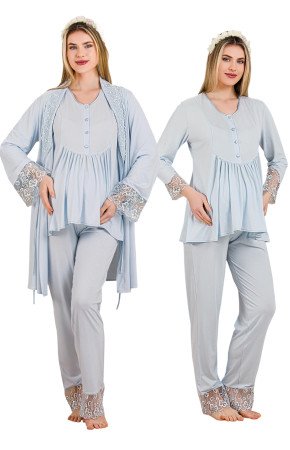 Bebe Mavi Renkli Derin Patlı, Dantel Detaylı,  33005 Sabahlıklı 3lü Lohusa Hamile Pijama Takımı