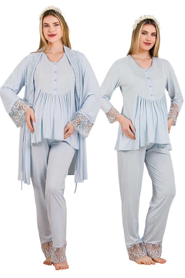 Mavi Renkli Derin Patlı,  33005 Sabahlıklı 3lü Lohusa Hamile Pijama Takımı | Lohusa-Sepeti.com