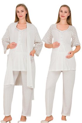 Ekru Renkli Derin Patlı,  33006 Sabahlıklı 3lü Lohusa Hamile Pijama Takımı
