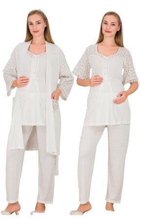 Ekru Renkli Derin Patlı,  33006 Sabahlıklı 3lü Lohusa Hamile Pijama Takımı