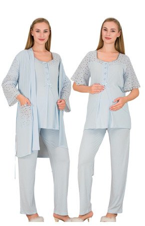 Bebe Mavi Renkli Derin Patlı,  33006 Sabahlıklı 3lü Lohusa Hamile Pijama Takımı