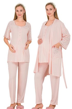 Bebe Pembe Renkli Derin Patlı,  33006 Sabahlıklı 3lü Lohusa Hamile Pijama Takımı