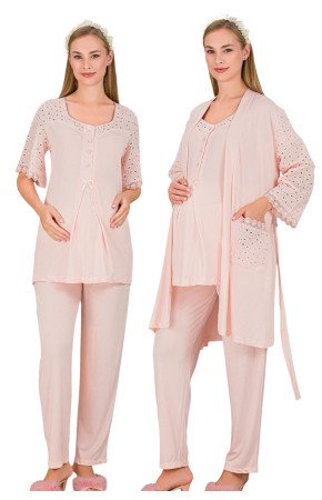 Bebe Pembe Renkli Derin Patlı,  33006 Sabahlıklı 3lü Lohusa Hamile Pijama Takımı