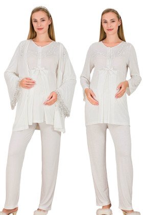 Ekru Renkli, Dantel Detaylı, Derin Patlı,  33007 Sabahlıklı 3lü Lohusa Hamile Pijama Takımı