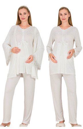 Ekru Renkli, Dantel Detaylı, Derin Patlı,  33007 Sabahlıklı 3lü Lohusa Hamile Pijama Takımı