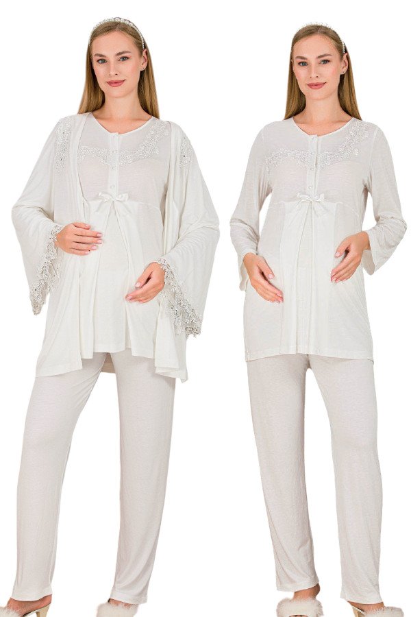 Ekru Renkli Derin Patlı,  33007 Sabahlıklı 3lü Lohusa Hamile Pijama Takımı | Lohusa-Sepeti.com